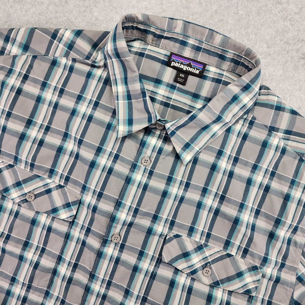 Patagonia Shirt Men 2XL XXL Gray Green Plaid High Moss Short Sleeve Button Up